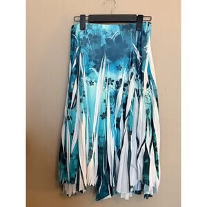 Studio Y Pleated Floral Print Asymmetric Hemline Midi Skirt Blue White Small